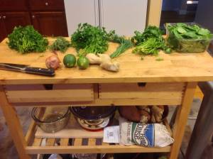 Spinach, shallots, onion, dill, limes, ginger, garlic, parsley, cilantro, tarragon...and I think that's it. If you can get fresh or frozen fenugreek, it's totally worth it. 